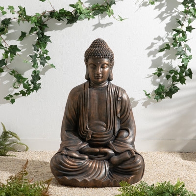 Buddha Statue Weathered Bronze Finish Intricate Robes Zen Decor