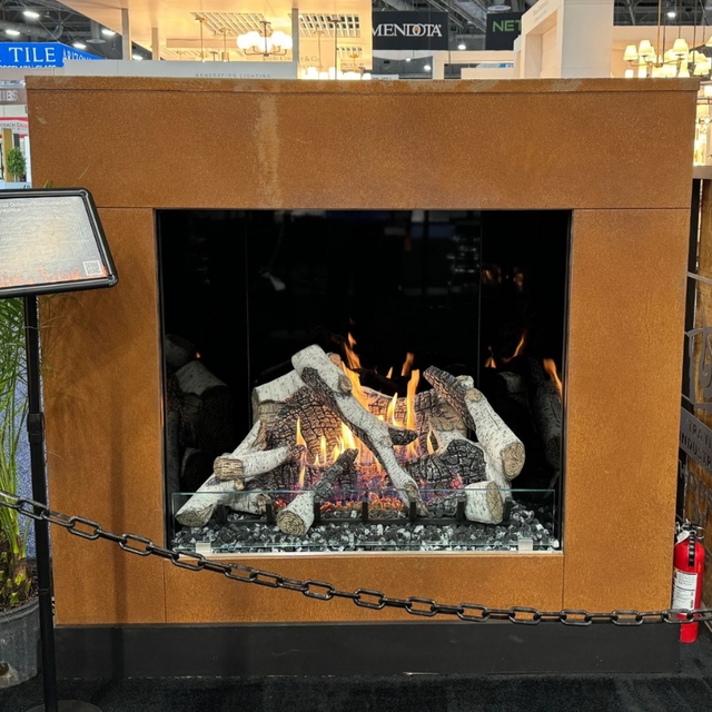 Built-In Outdoor Fireplace with Linear Gas Flame and Charcoal Stone