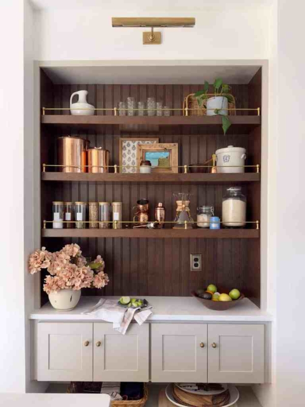 Built-in Pantry Hutch with Butcher Block Top and Beadboard Back