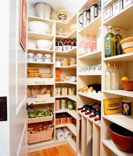 Built-In Shelving for Walk-In Pantry with Butcher Block Counters