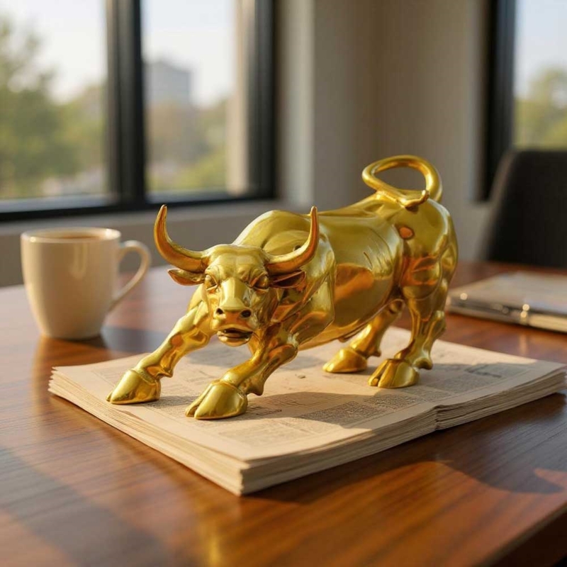 Bull Statue in Polished Bronze Charging Posture with Muscular Detail