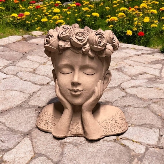 Bust Planter Female Silhouette Floral Hair Aged Concrete Garden Decor