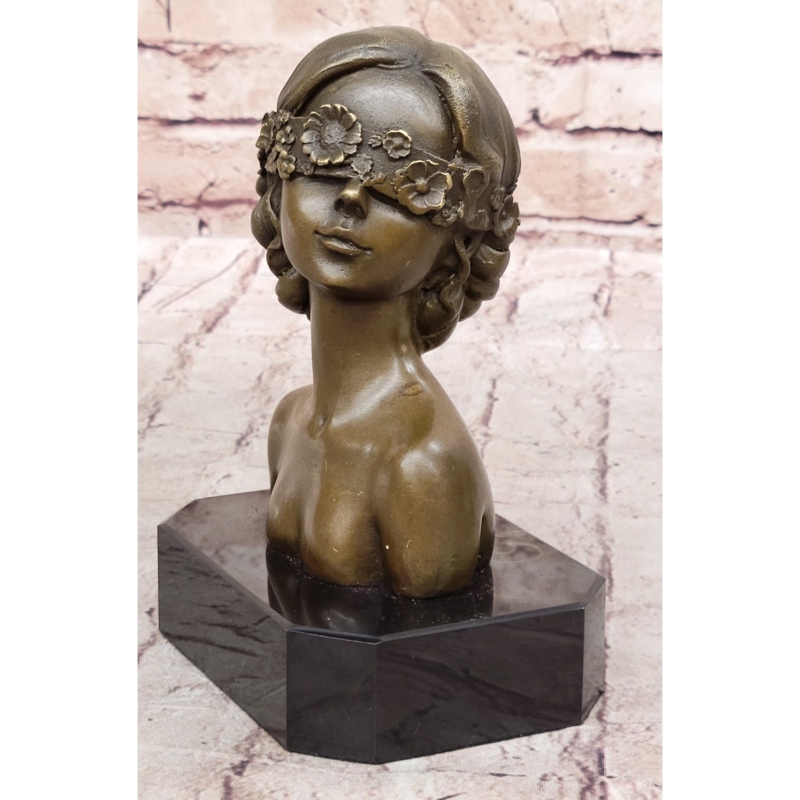 Bust Sculpture Blindfolded Floral Crown Bronze Patina