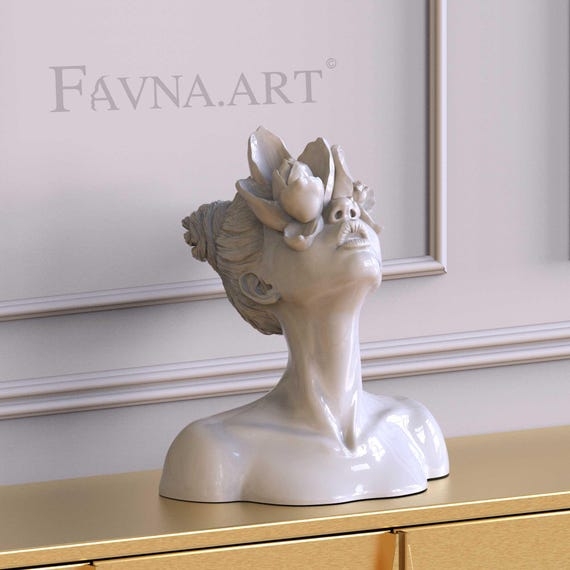 Bust Sculpture Female Floral Crown Closed Eyes Matte White
