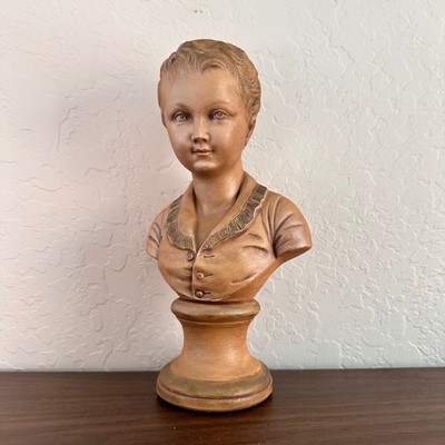 Bust Sculpture Vintage Child Portrait Chocolate Brown Pedestal Mount