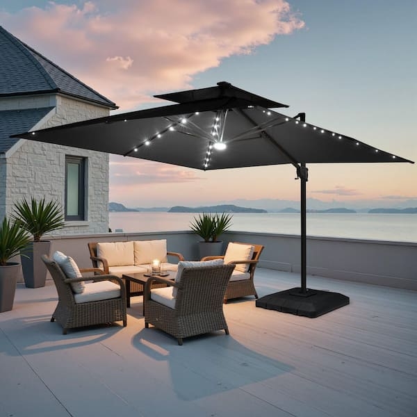 Cantilever Patio Umbrella Solar Panel Hub Square Canopy Weighted Base