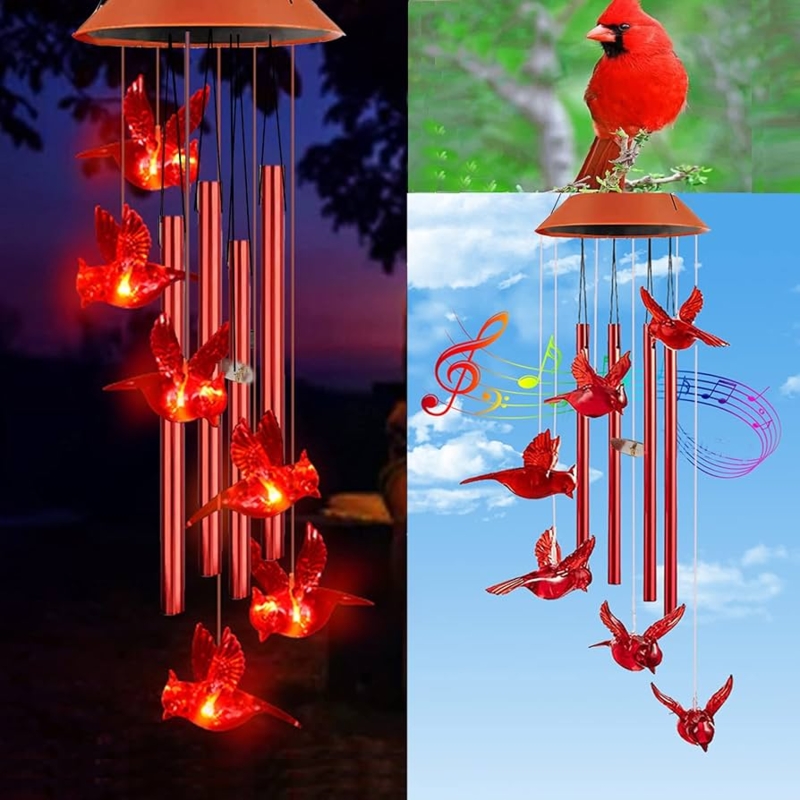 Cardinal Bird Figures Wind Chime with Solar Light Feature