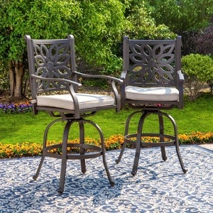 Cast Aluminum Swivel Bar Stool Set, Ornate Scrollwork, Bronze Finish