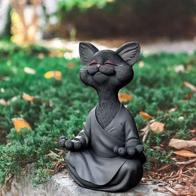 Cat Statue Zen Meditative Pose Grey Stone Distressed Serene Decor