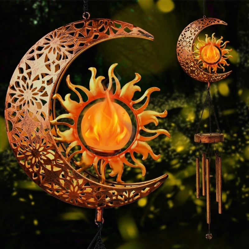 Celestial Motif Wind Chime with Glowing Crackle Glass Ball