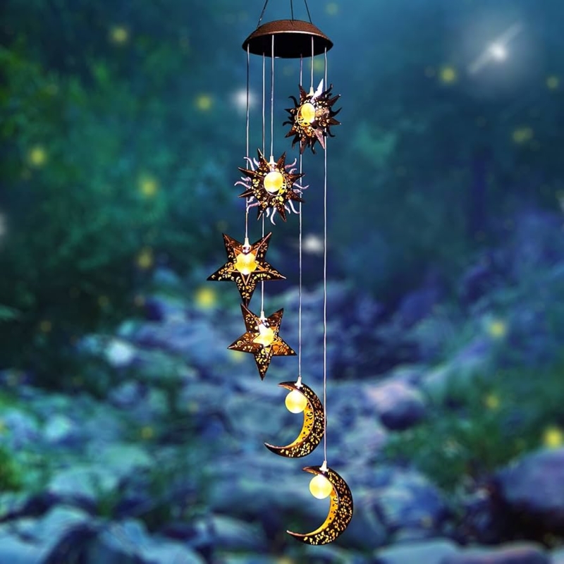 Celestial Solar Wind Chime, Antique Copper with Glowing Orb
