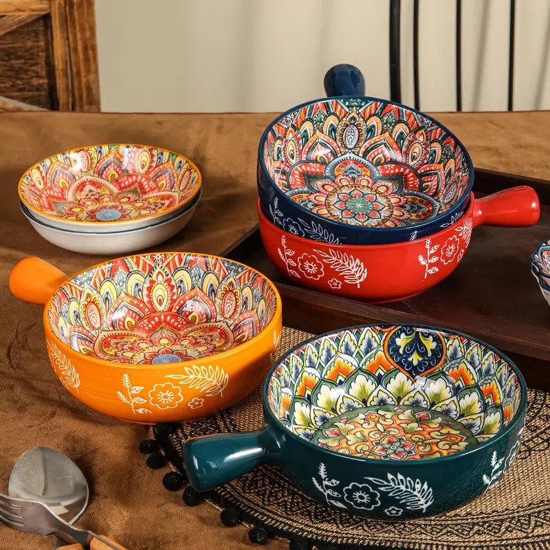 Ceramic Bowl with Side Handle and Mandala Pattern for Eclectic Kitchen