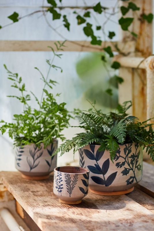 Ceramic Footed Planter with Botanical Imprints, Organic Boho Garden Decor.