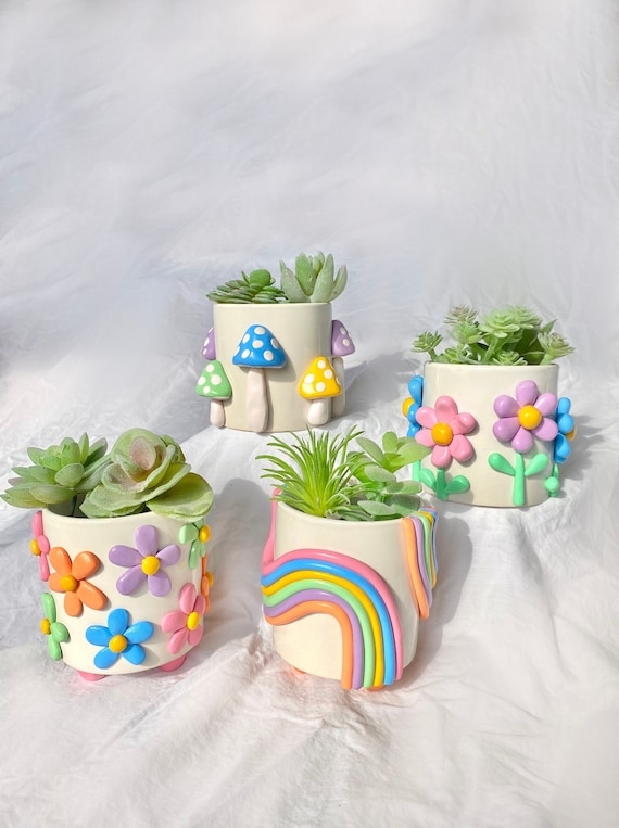 Ceramic Pedestal Planter Set with Rainbow Motif, Retro Eclectic Decor.