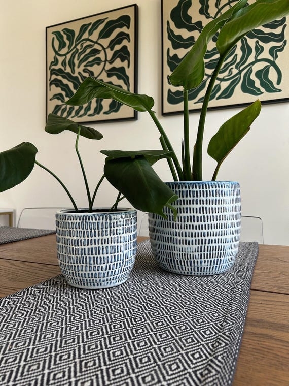 Ceramic Plant Pot with Organic Cellular Geometric Pattern and Satin Glaze