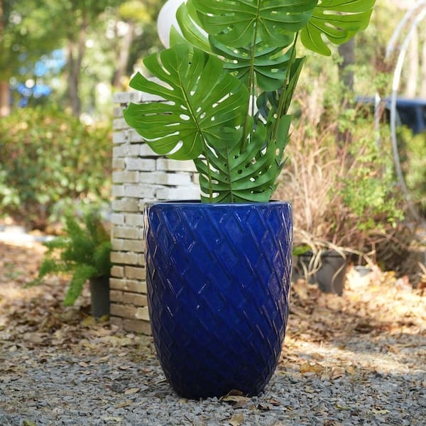 Ceramic Planter featuring Glossy Diamond Lattice Pattern and Tapered Form
