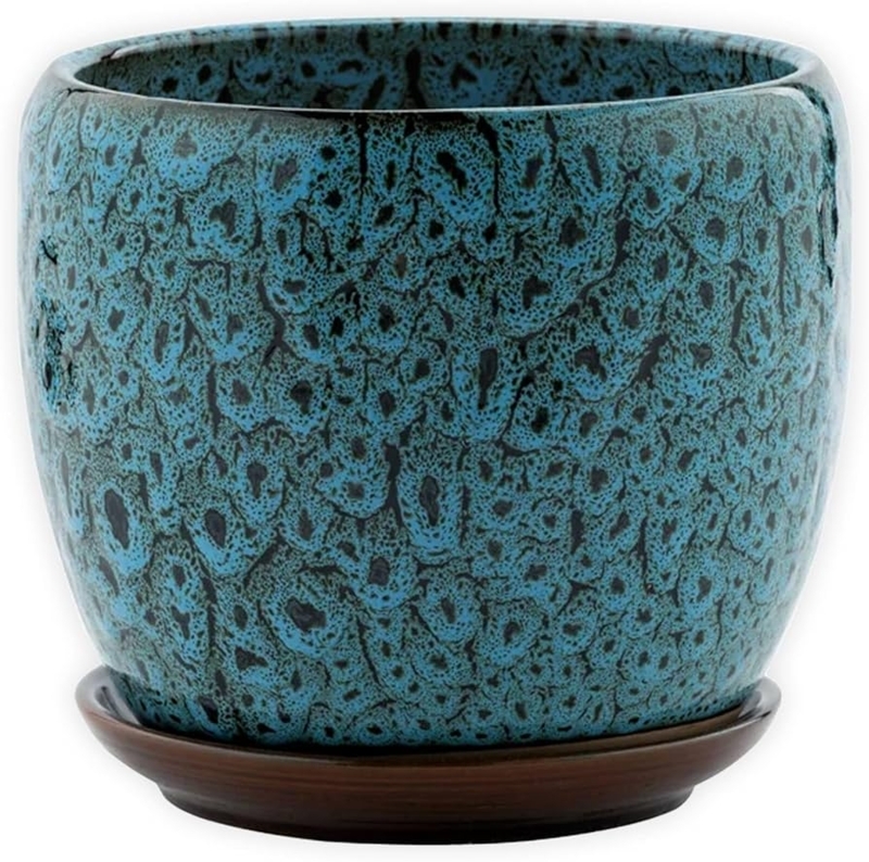 Ceramic Planter, Mottled Teal Glaze with Matching Saucer Tray