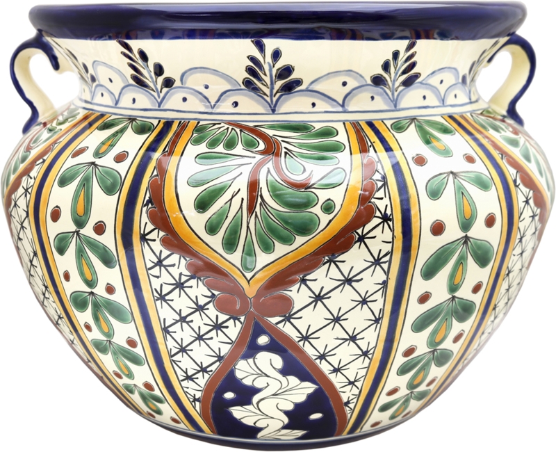 Ceramic Planter Oversized Round Form Hand Painted Talavera Blue