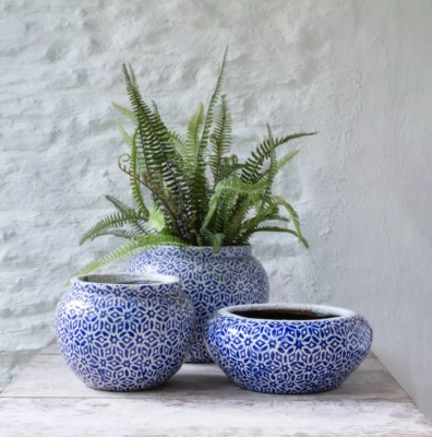 Ceramic Planter Set featuring Geometric Star Motif and Chunky Crackle Glaze