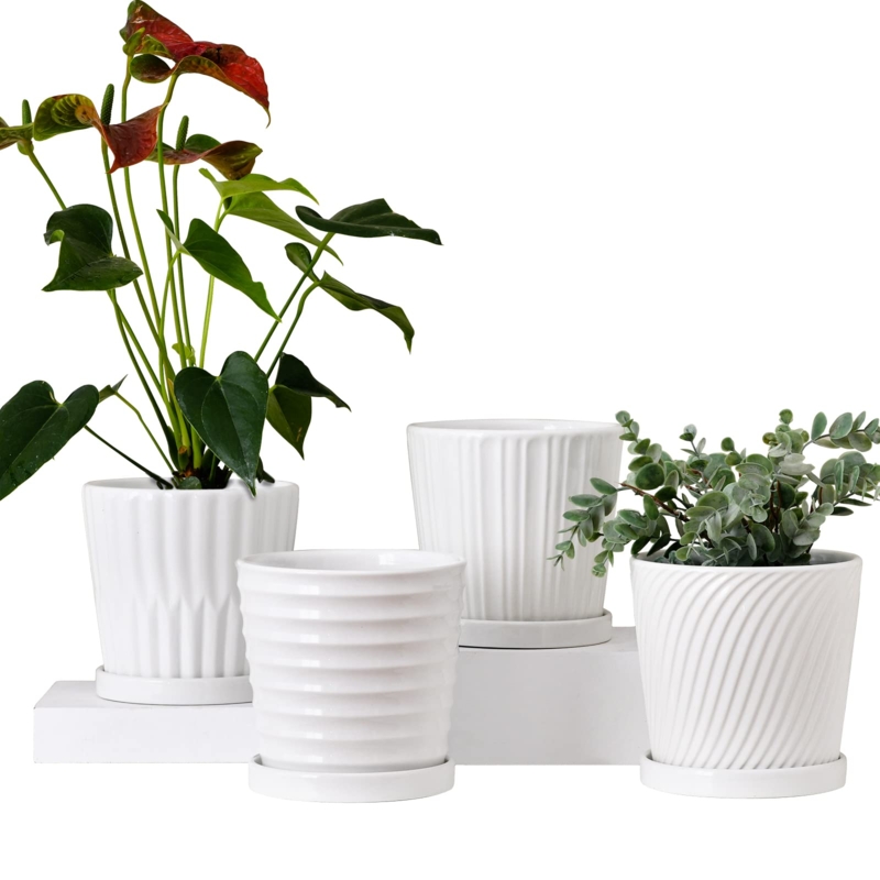 Ceramic Planter Set Matching Saucer Ribbed Texture White Pot