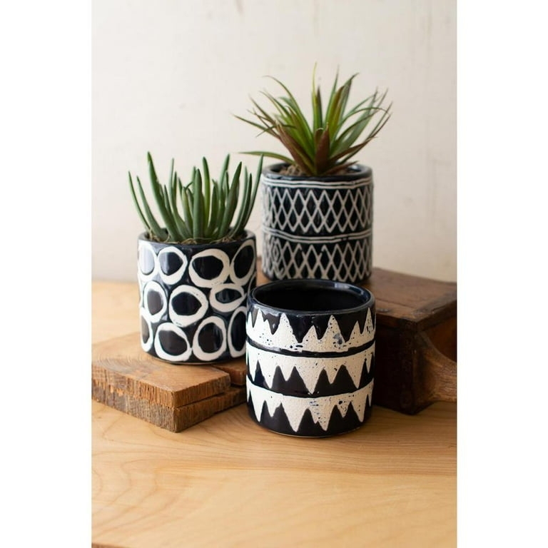 Ceramic Planter Set of Three with Mixed Geometric and Botanical Pattern Prints