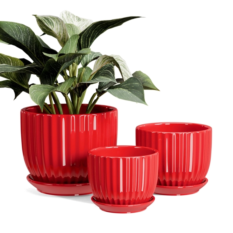 Ceramic Planter Set with Matching Saucers in High-Gloss Red