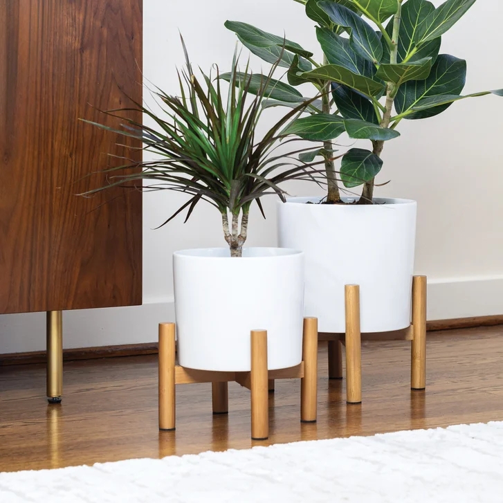 Ceramic Planter Set with Ribbed Texture on Bamboo X-Base Stands