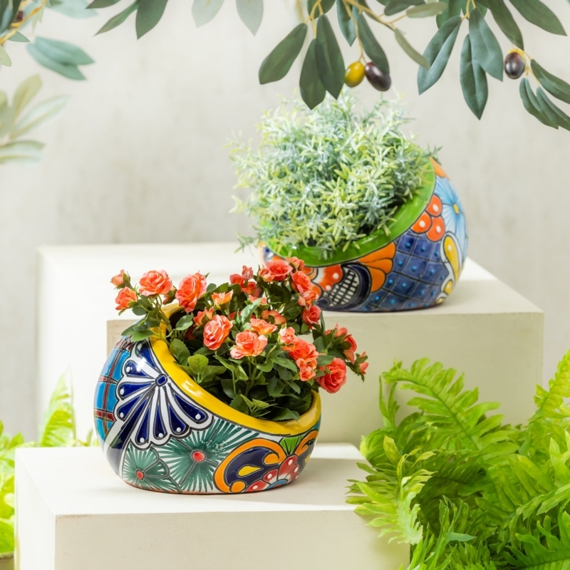Ceramic Planter Set with Tilted Basin and Talavera Pattern for Garden.