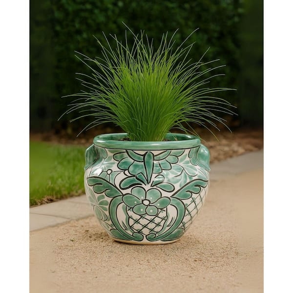 Ceramic Planter, Teal Glaze with Hand Painted Details