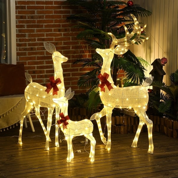 Champagne Tinsel Reindeer Decorations, Lighted 3-Piece Glitter Finish Set.