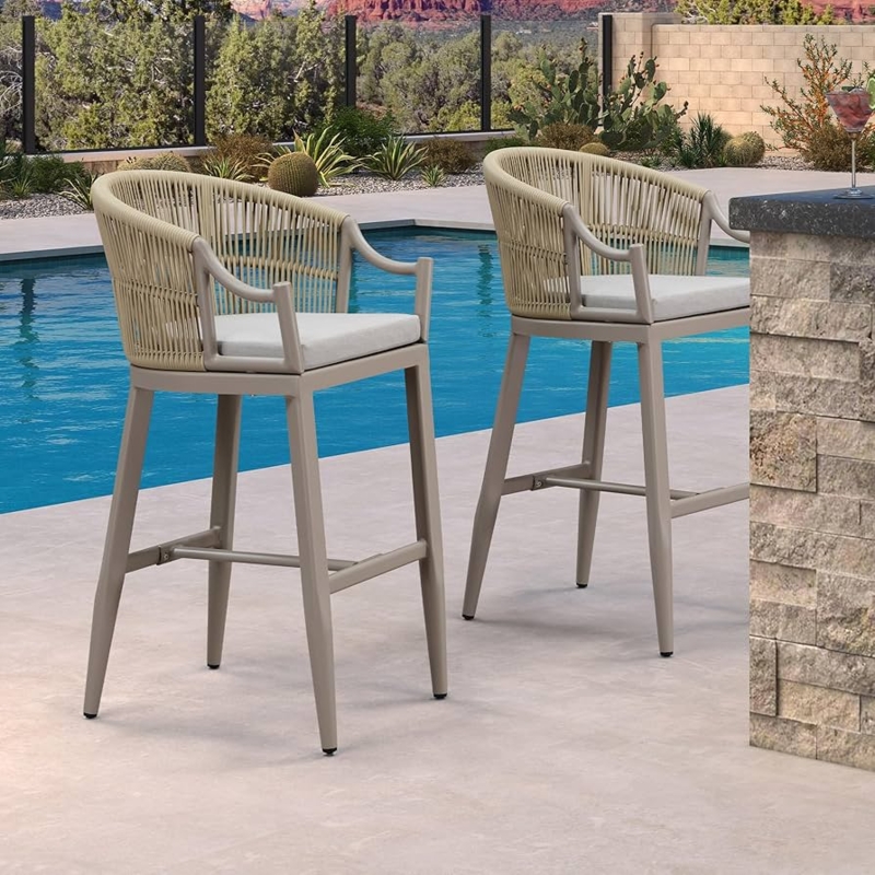 Champagne Woven Bar Stools with Ergonomic Arms and Charcoal Metal Frame