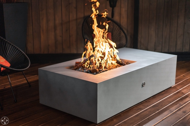 Charcoal Fire Pit Table, Architectural Base, Realistic Ceramic Logs.