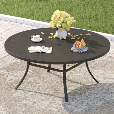 Charcoal Gray Round Patio Dining Table with Slatted Metal Top