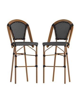 Charcoal Woven Rope Outdoor Bar Stools Teak Finish Coastal Style