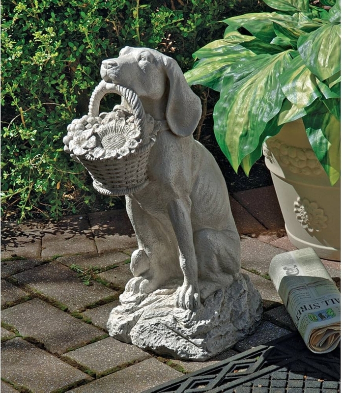 Charming Garden Statue Dog With Mouth Held Basket Antique Stone