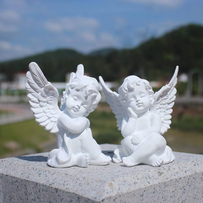 Cherub Figurine Two-Piece Set, Matte White Resin Finish