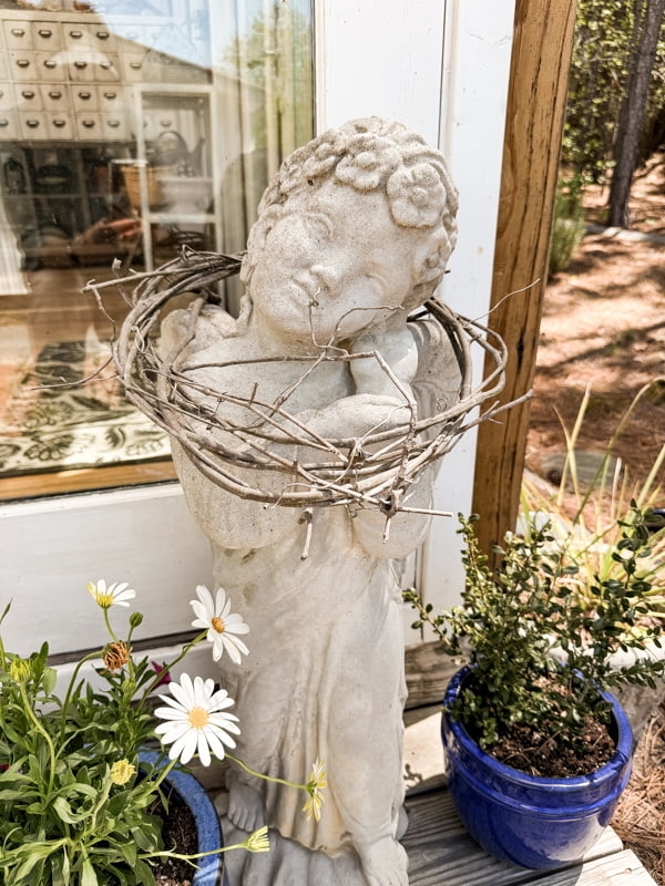 Cherub Statue Mossy Surface Weathered Finish Holding Basket Decor
