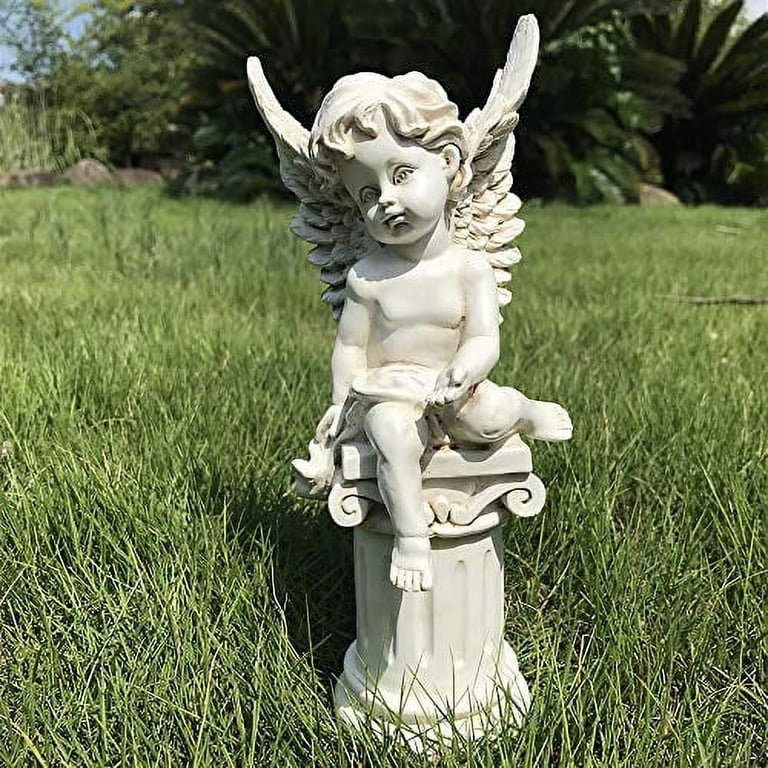 Cherub Statue Seated Contemplative Pose, Off-White Stone-Like