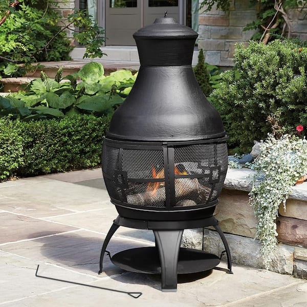 Chimenea Modern Black Pyramid with Wood Storage Base