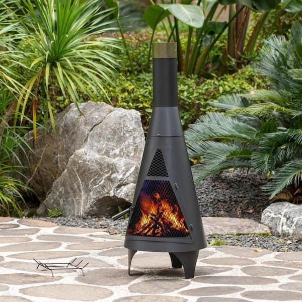 Chimenea Rustic Black Metal with Round Bowl and Tall Chimney