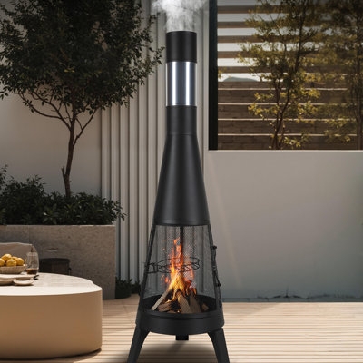 Chiminea Matte Black Metal with Mesh Screen Tall Flue Rustic