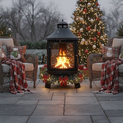 Chiminea Triple Mesh Doors Matte Black Iron Tapered Flue Rustic