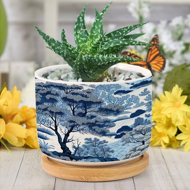 Chinoiserie Ceramic Planter featuring Traditional Pine Tree Landscape Motif