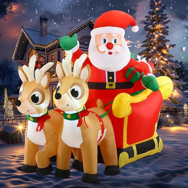 Christmas Inflatable Santa On Sleigh, 6 Ft Two Reindeer LED Whimsical
