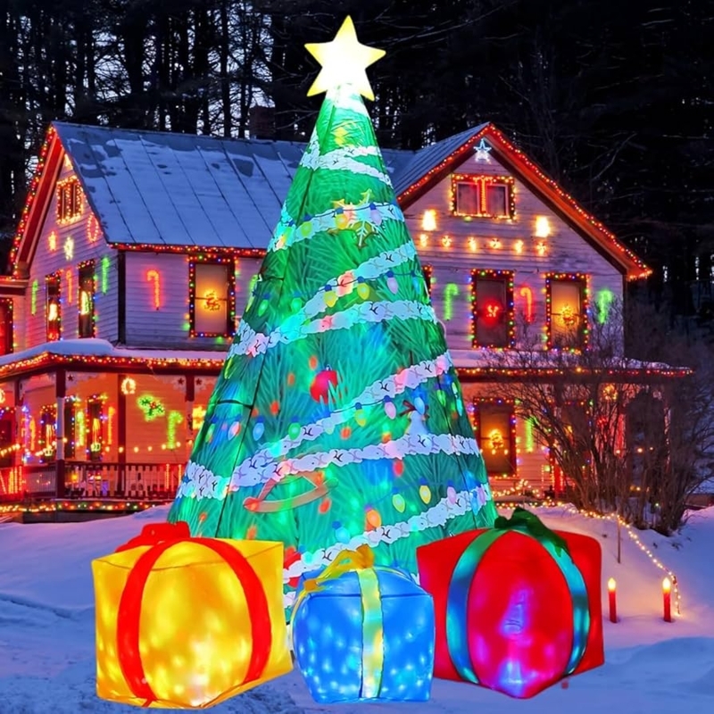 Christmas Tree Inflatable 7 Ft, Integrated Presents Base LED Lit