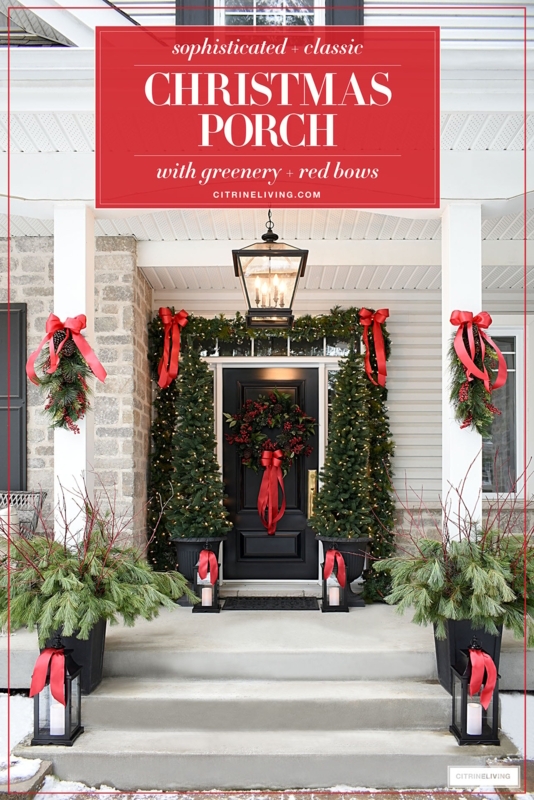 Classic Christmas Porch Decor with Symmetrical Greenery and Bows
