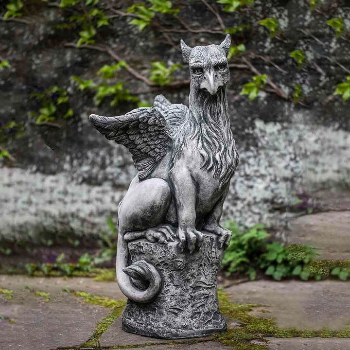 Classic Gryphon Garden Statue, Seated Mythical Creature on Plinth Base.