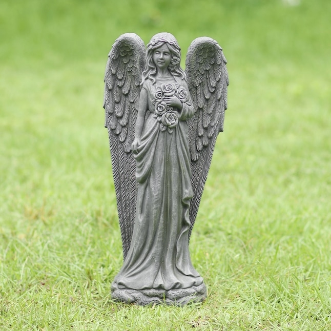 Classical Angel Garden Decor, Weathered Gray Cherub with Flower Basket.