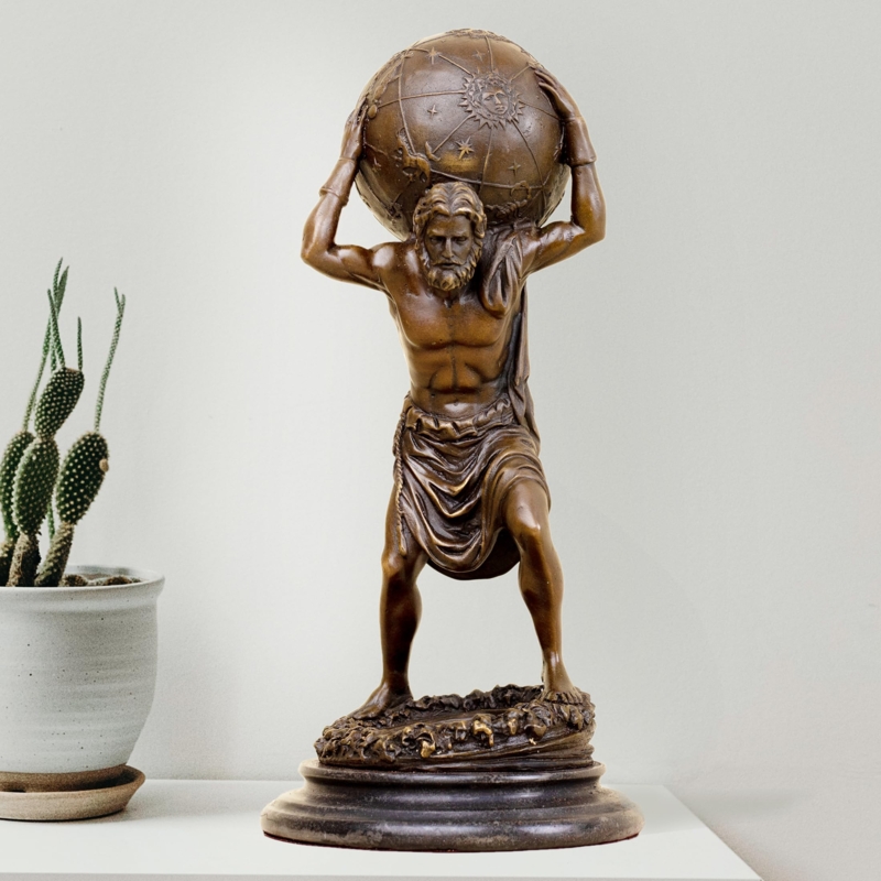 Classical Atlas Sculpture with Lattice Sphere and Verdigris Accents