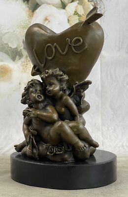 Classical Bronze Cupid Figurine, Aged Finish, Heart Detail